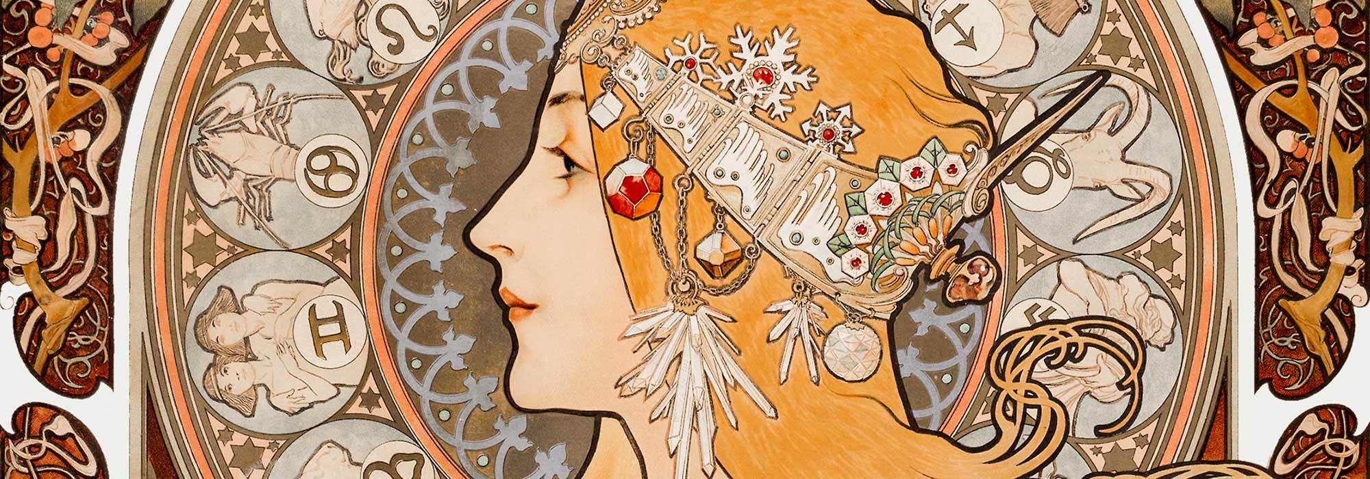 Alphonse Mucha collection art featuring elegant Art Nouveau designs with flowing lines and floral motifs inspired by Alphonse Mucha