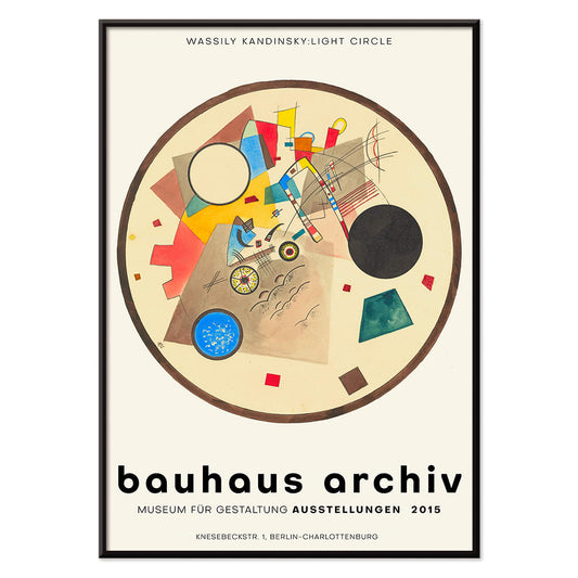 Abstract geometric artwork Light Circle by Wassily Kandinsky from Bauhaus exhibition poster displayed at Bauhaus Archiv Museum, with black aluminium frame on white background