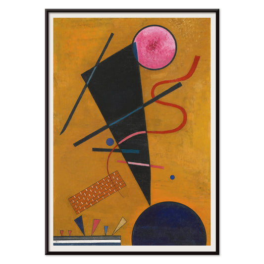 Abstract geometric artwork with colorful shapes on ochre and yellow backgrounds Berührung Contact by Wassily Kandinsky, with black aluminium frame on white background