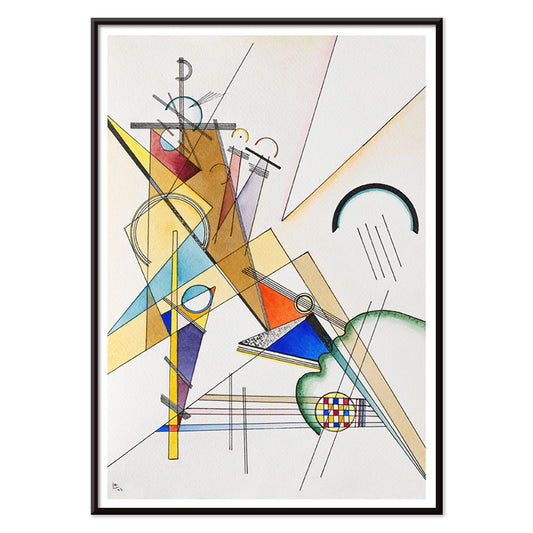 Abstract geometric shapes intersecting lines and vibrant colors in Gewebe by Wassily Kandinsky poster, with black aluminium frame on white background