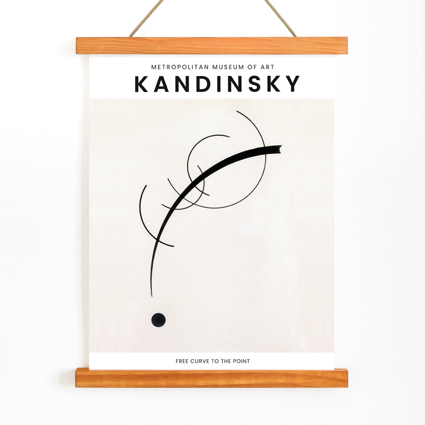 Abstract black geometric curves and circle with dot on white background poster Free Curve to the Point by Wassily Kandinsky, with wooden magnetic frame on white background