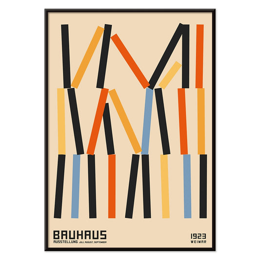 Bauhaus Poster 6 by designer with abstract geometric vertical lines in black orange and blue on beige background inspired by Weimar Exhibition, with black aluminium frame on white background