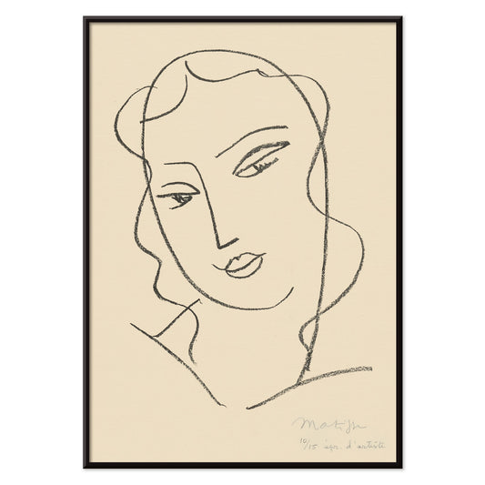 Henri Matisse Veiled Head poster with minimalist veiled face in black linework on a warm pale background, with black aluminium frame on white background