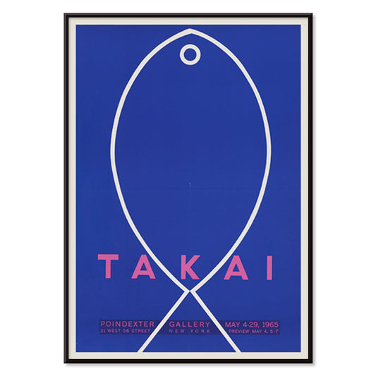 Minimalist blue and white fish outline artwork poster on blue background with Takai exhibition details by Teiji Takai, with black aluminium frame on white background