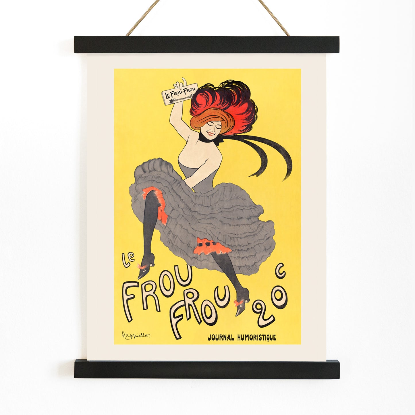 Colorful cancan dancer illustration and poster for Le Frou Frou by Leonetto Cappiello featuring a woman in a flamboyant dress against a bright yellow background, with wooden magnetic frame on white background