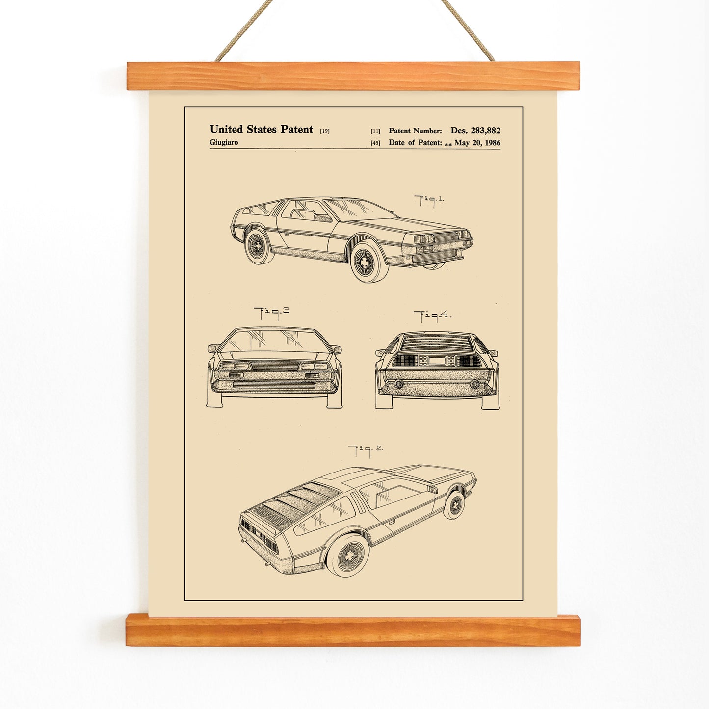 Delorean DMC-12 vintage car patent illustration and technical drawings poster by Giorgetto Giugiaro displayed from multiple angles, with wooden magnetic frame on white background