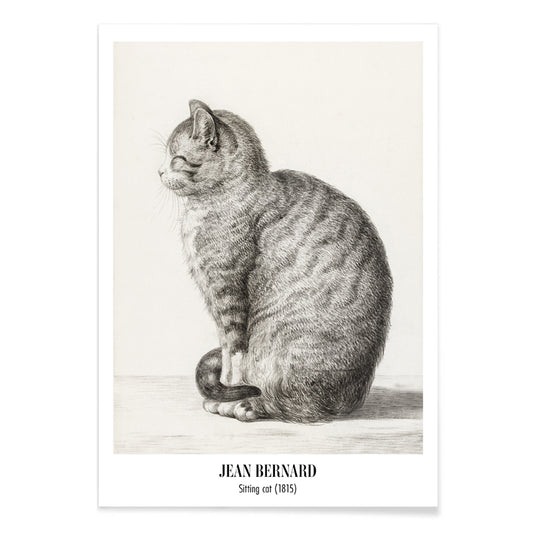Detailed drawing of a sitting cat by Jean Bernard titled Sitting cat poster for home or office decor, with black aluminium frame on white background