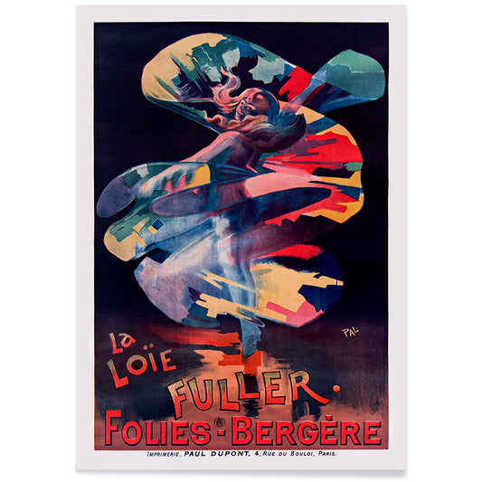 Colorful swirling dancer La Loie Fuller by Pal poster advertising Folies Bergere performance, with black aluminium frame on white background