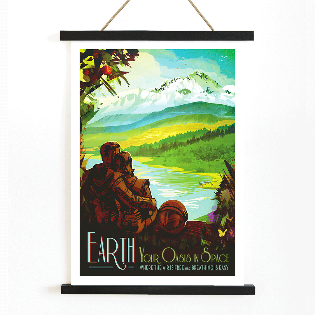 Two people in spacesuits admire a lush green landscape with mountains and a lake Earth Your Oasis in Space by NASA poster artwork, with wooden magnetic frame on white background