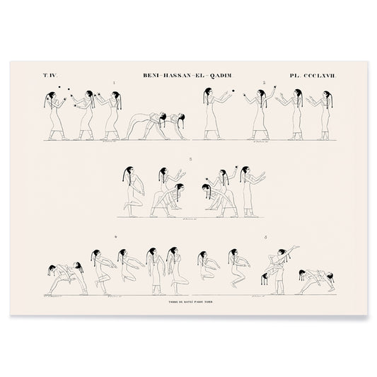 Ancient Egyptian wrestling scene and poster with line drawings from Tomb of Rotei north wall by Jean Francois Champollion, with black aluminium frame on white background