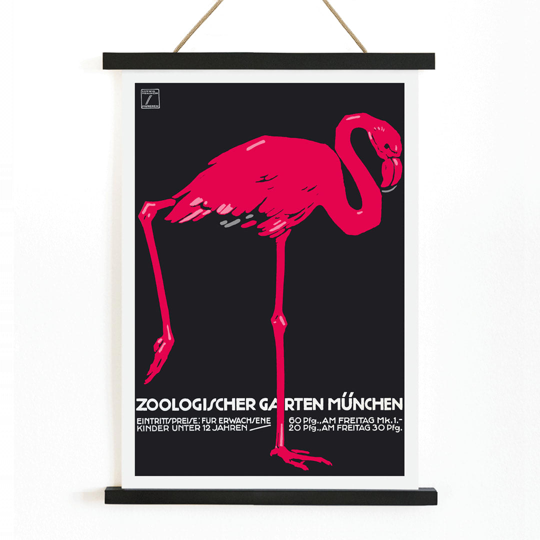 Ludwig Hohlwein poster of a pink flamingo on dark background for Zoologischer Garten München, with wooden magnetic frame on white background