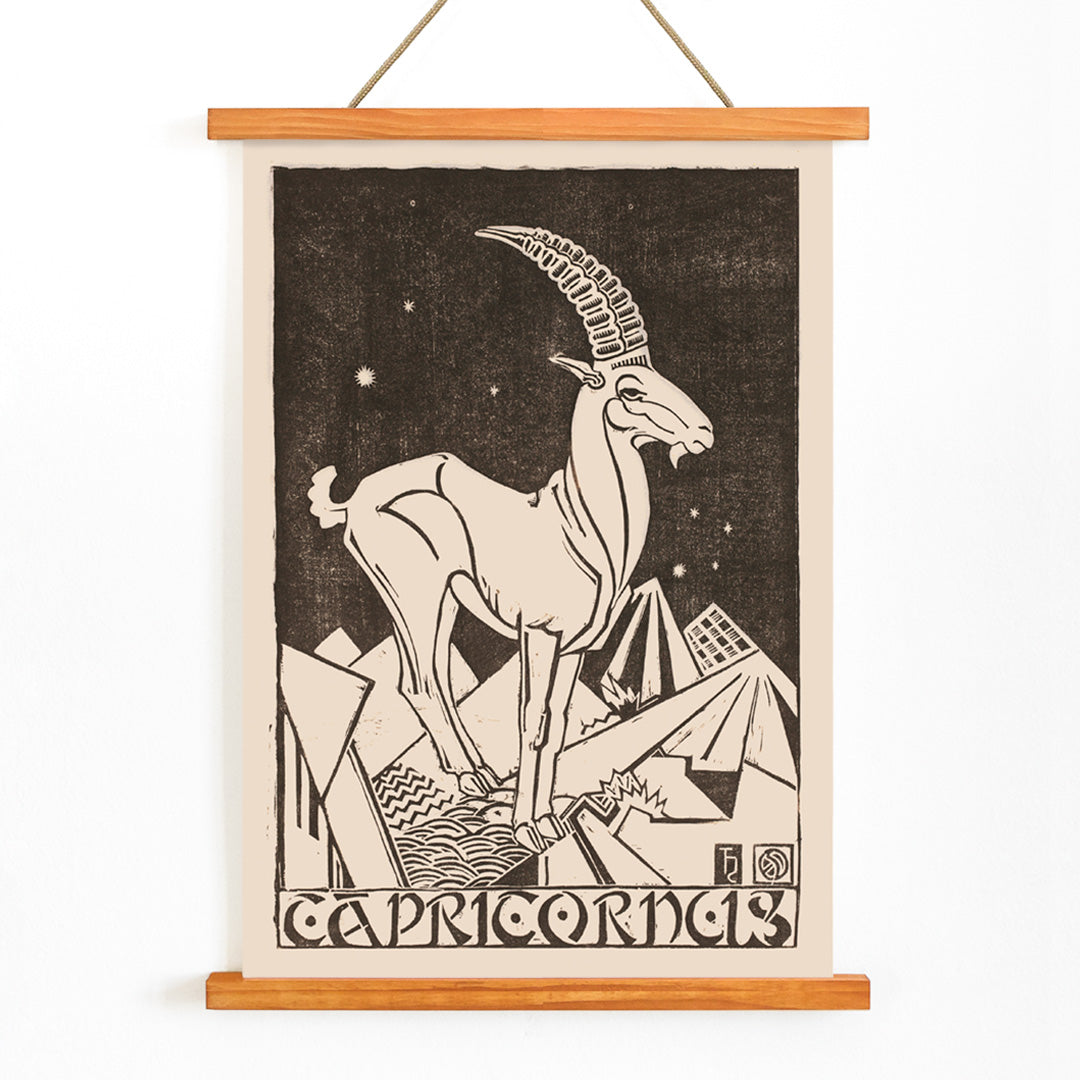 Capricorn zodiac sign illustration and poster featuring a stylized goat under stars in an abstract landscape artwork titled Capricornus by Henri van der Stok, with wooden magnetic frame on white background