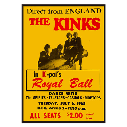 Poster and concert performance by the Kinks at Hawaii Honolulu International Center Arena featuring various bands and ticket details, with black aluminium frame on white background