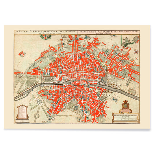Ancient map of Paris by Guillaume Delisle detailed city layout illustration and poster artwork with red highlights, with black aluminium frame on white background