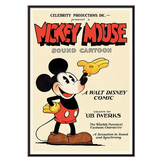 Mickey Mouse poster by Ub Iwerks and Walt Disney featuring Sound Cartoon comic artwork with Mickey smiling in yellow gloves and red shorts, with black aluminium frame on white background