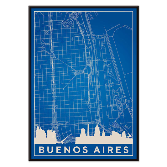 Minimalist Buenos Aires Map wall art poster featuring city streets and landmarks by Minimalist artist, with black aluminium frame on white background