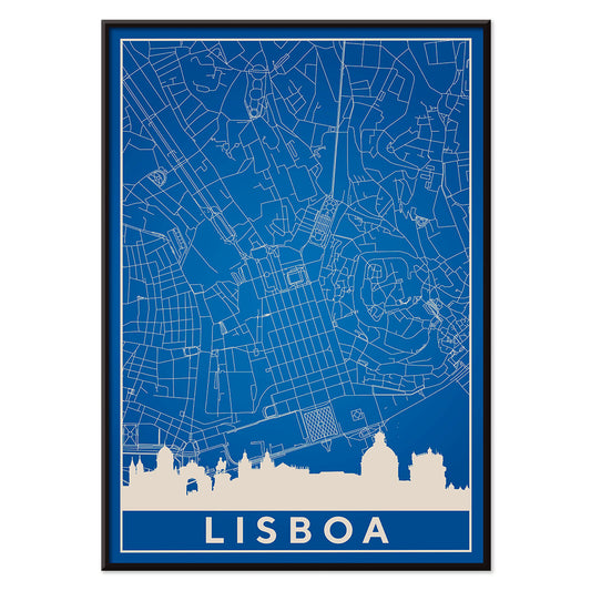 Minimalist Lisbon Map artwork in blue and white showing city map skyline and landmarks silhouette poster, with black aluminium frame on white background