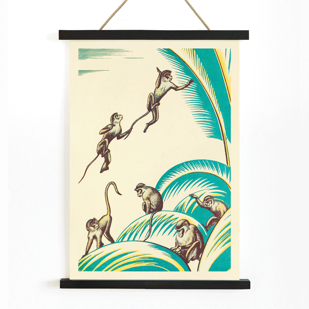 Illustration and poster of five monkeys playing among green palm leaves in the jungle titled A Jungle Picnic Pl 20 by Clifford Webb, with wooden magnetic frame on white background