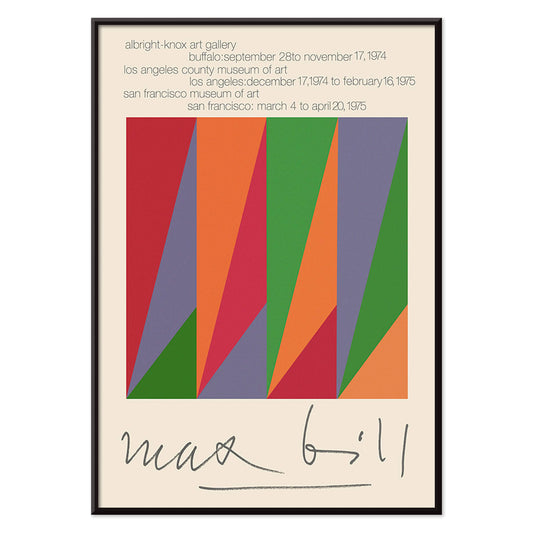 Colorful geometric design and shapes by Max Bill on serigraph silkscreen exhibition poster titled Serigraph Silkscreen with signature in black frame, with black aluminium frame on white background