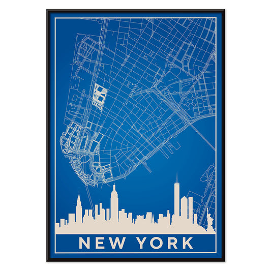 New York Minimalist Map poster by artist New York featuring a blue and white outline of New York City streets above a city skyline silhouette, with black aluminium frame on white background