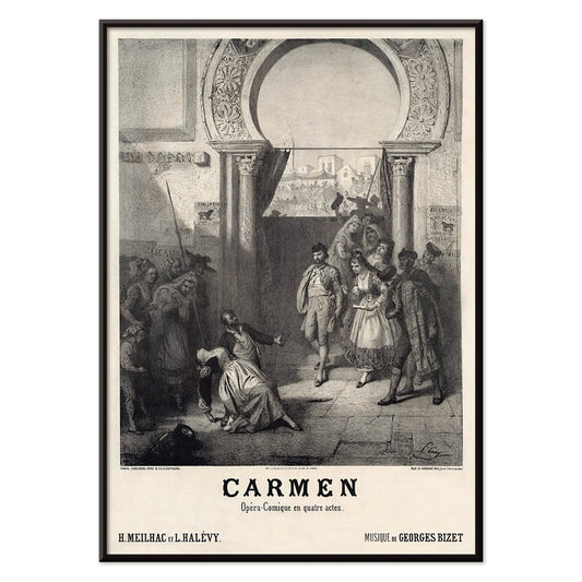 Promotional poster for Carmen by Georges Bizet published by Choudens featuring characters in a dramatic scene under an archway, with black aluminium frame on white background
