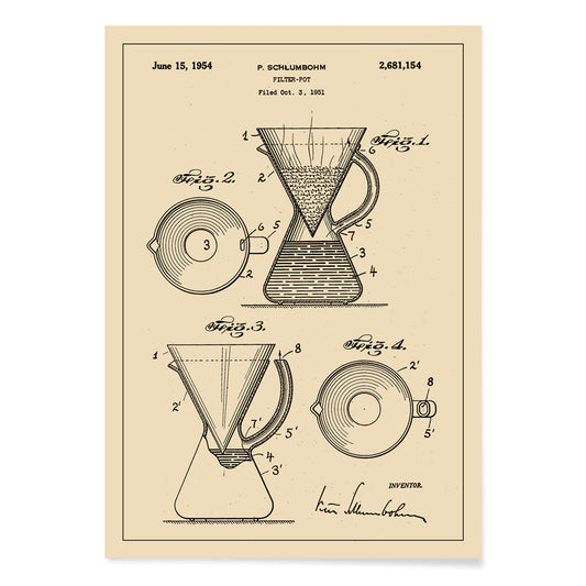 Vintage technical drawing and poster of coffee filter pot patent by P Schlumbohm with schematic and design details, with black aluminium frame on white background