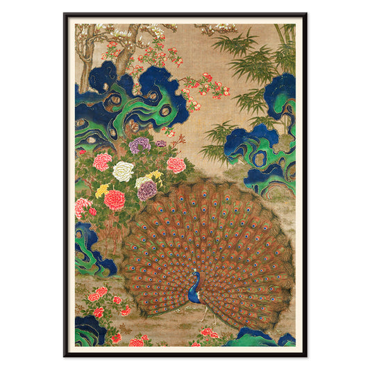 Vibrant Chinese peacock with colorful flowers classic artwork poster perfect for wall decor, with black aluminium frame on white background