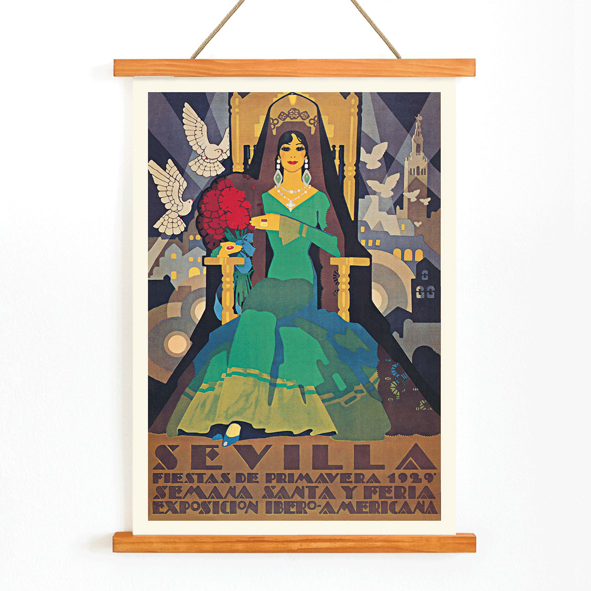 Art Deco illustrated poster of Sevilla Fiestas de primavera by artist featuring Semana Santa Feria Exposición Ibero-Americana and a woman in a green dress with doves and cityscape in the background, with wooden magnetic frame on white background