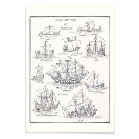 Historic ship illustrations and detailed pen sketches from Sea Pictures drawn with pen and pencil by James Macaulay, with black aluminium frame on white background
