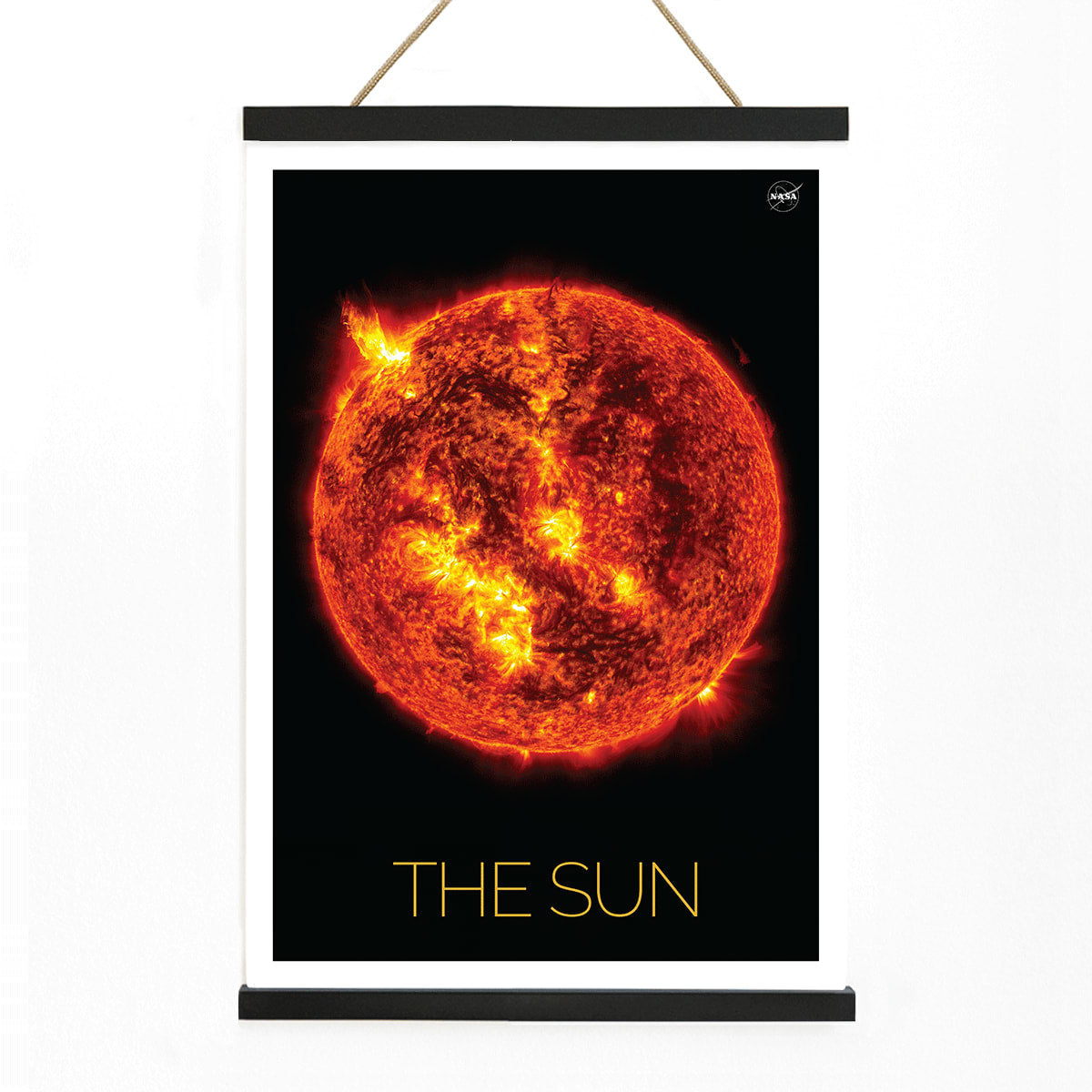 Fiery image of the Sun with solar flares by NASA poster featuring detailed solar activity, with wooden magnetic frame on white background