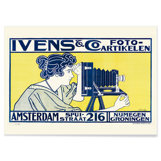 Art nouveau poster of woman using vintage camera at Ivens and Co Camera Shop by Johann Georg van Caspel, with black aluminium frame on white background