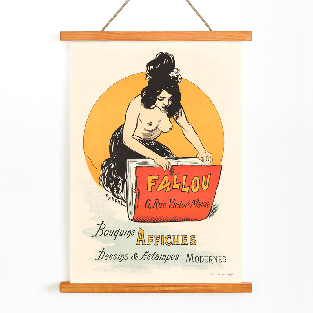 Vintage poster for book and print shop Fallou in Paris by Auguste Roedel featuring a woman with dark hair reading a large red book and holding a colorful book, with wooden magnetic frame on white background