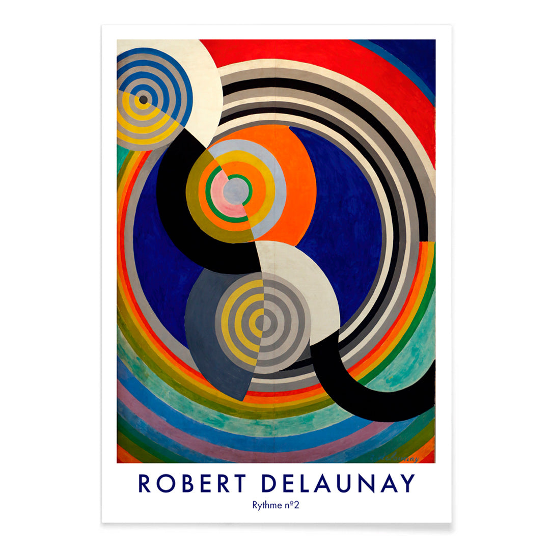 Colorful abstract concentric circles and curves painting poster Rythme n2 by Robert Delaunay, with black aluminium frame on white background