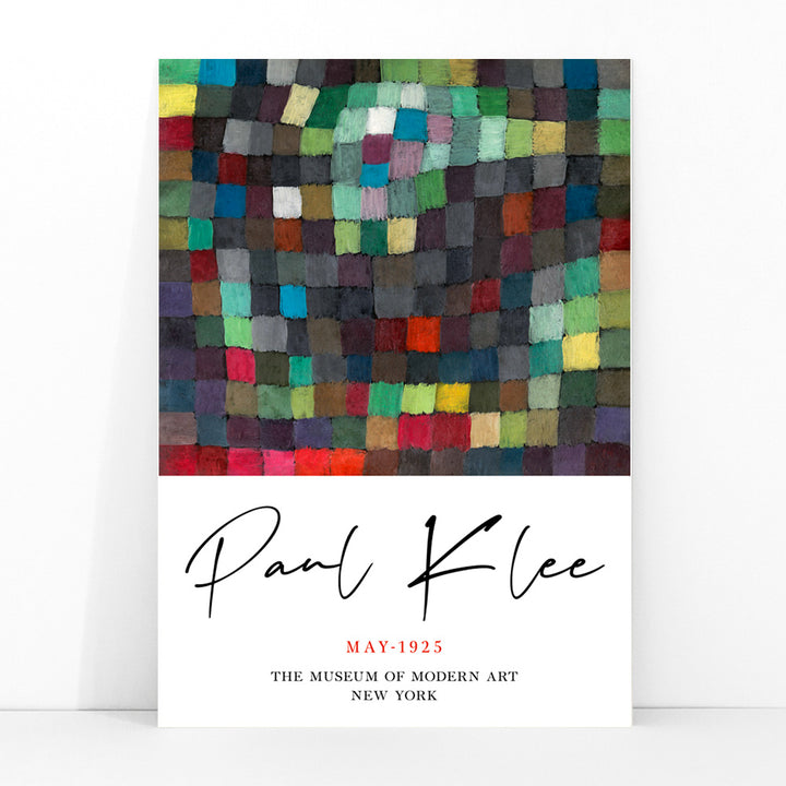 Colorful abstract squares pattern May Picture by Paul Klee poster with artist name displayed below, framed and displayed in modern living room decor
