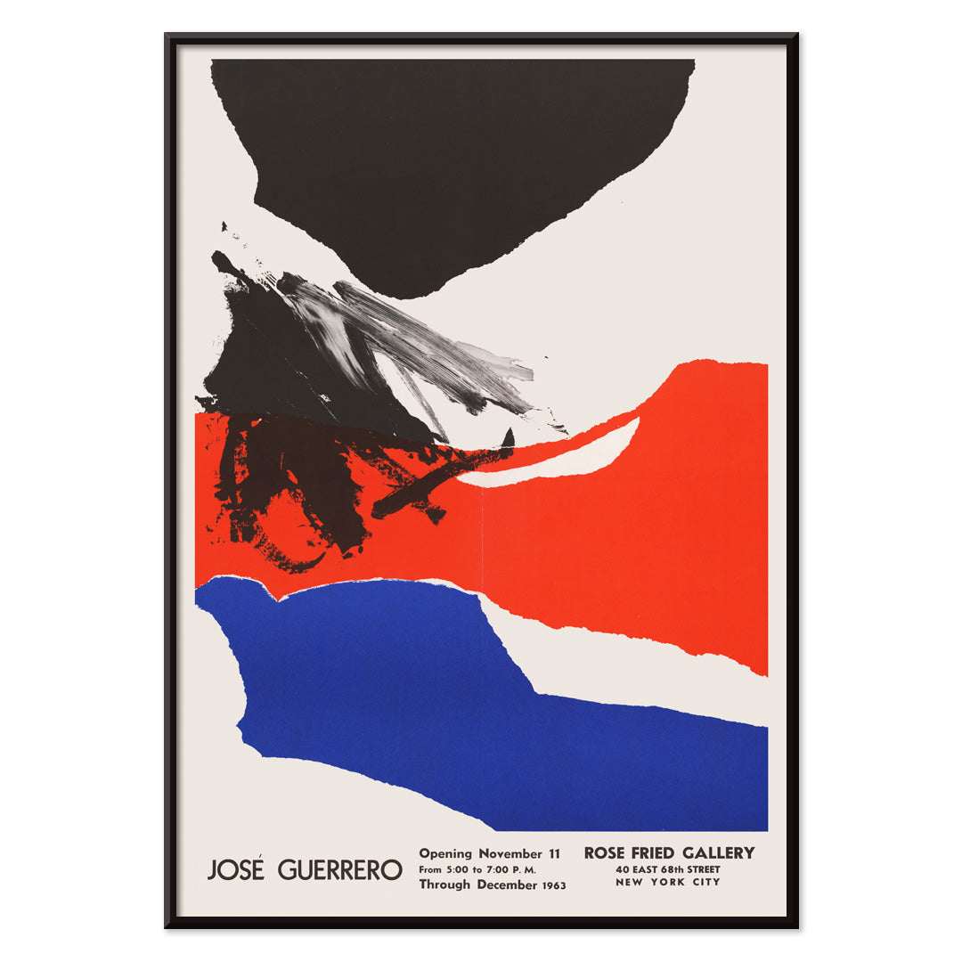 Abstract painting and poster featuring bold black red and blue brushstrokes and shapes by Jose Guerrero at Rose Fried Gallery New York, with black aluminium frame on white background