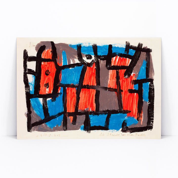 Abstract geometric poster with bold black lines and vibrant red and blue shapes inspired by The Hour Before One Night by Paul Klee, framed and displayed in modern living room decor