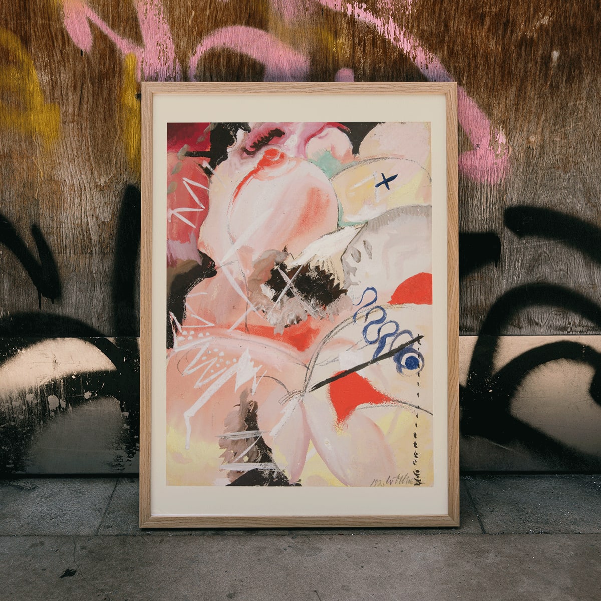 Abstract watercolor and dynamic abstract art poster titled Female Figure by Hilma af Klint and Wassily Kandinsky, framed and displayed in modern living room decor