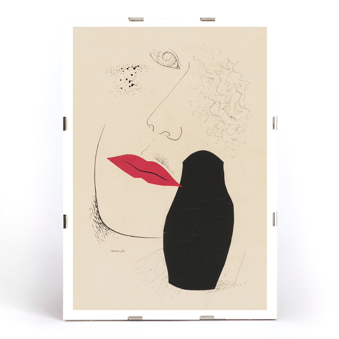 Abstract minimalist portrait with red lips and black silhouette modern art poster by Mikulas Galanda titled Desire, framed and displayed in modern living room decor