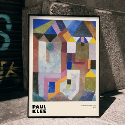 Colorful abstract geometric art poster by Paul Klee titled Colorful Architecture featuring vibrant shapes and colors, framed and displayed in home decor