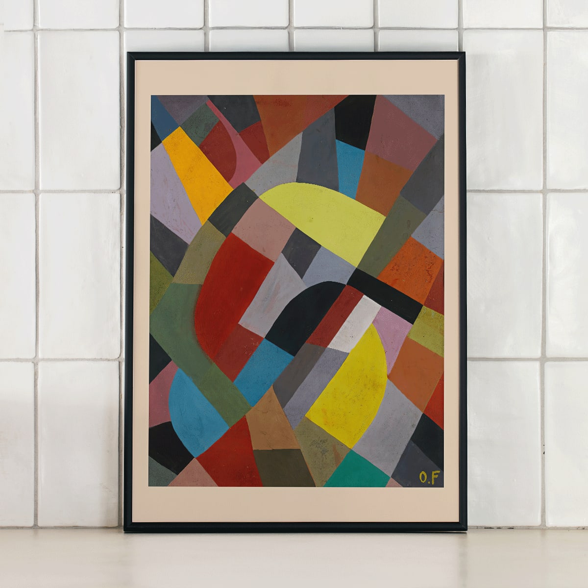 Colorful geometric abstract art poster Composition Abstraite by Otto Freundlich featuring intersecting shapes, framed and displayed in modern living room decor