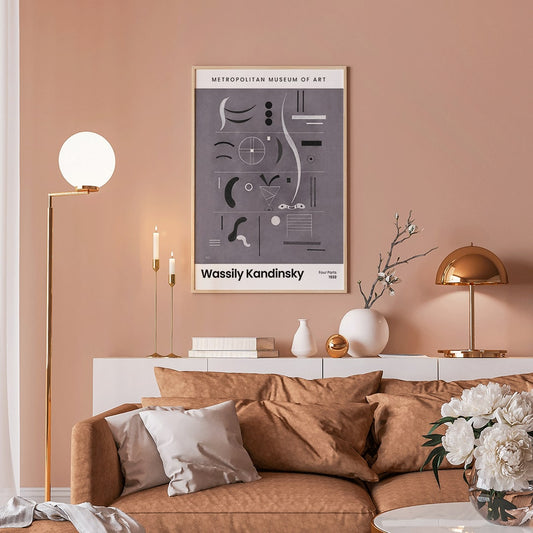 Abstract geometric art by Wassily Kandinsky from Four Parts featuring geometric shapes and lines displayed at the museum, framed and displayed in home decor