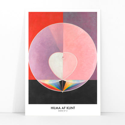 Abstract geometric shapes in pastel and rainbow colors with heart motif poster inspired by Doves by Hilma af Klint, framed and displayed in modern living room decor