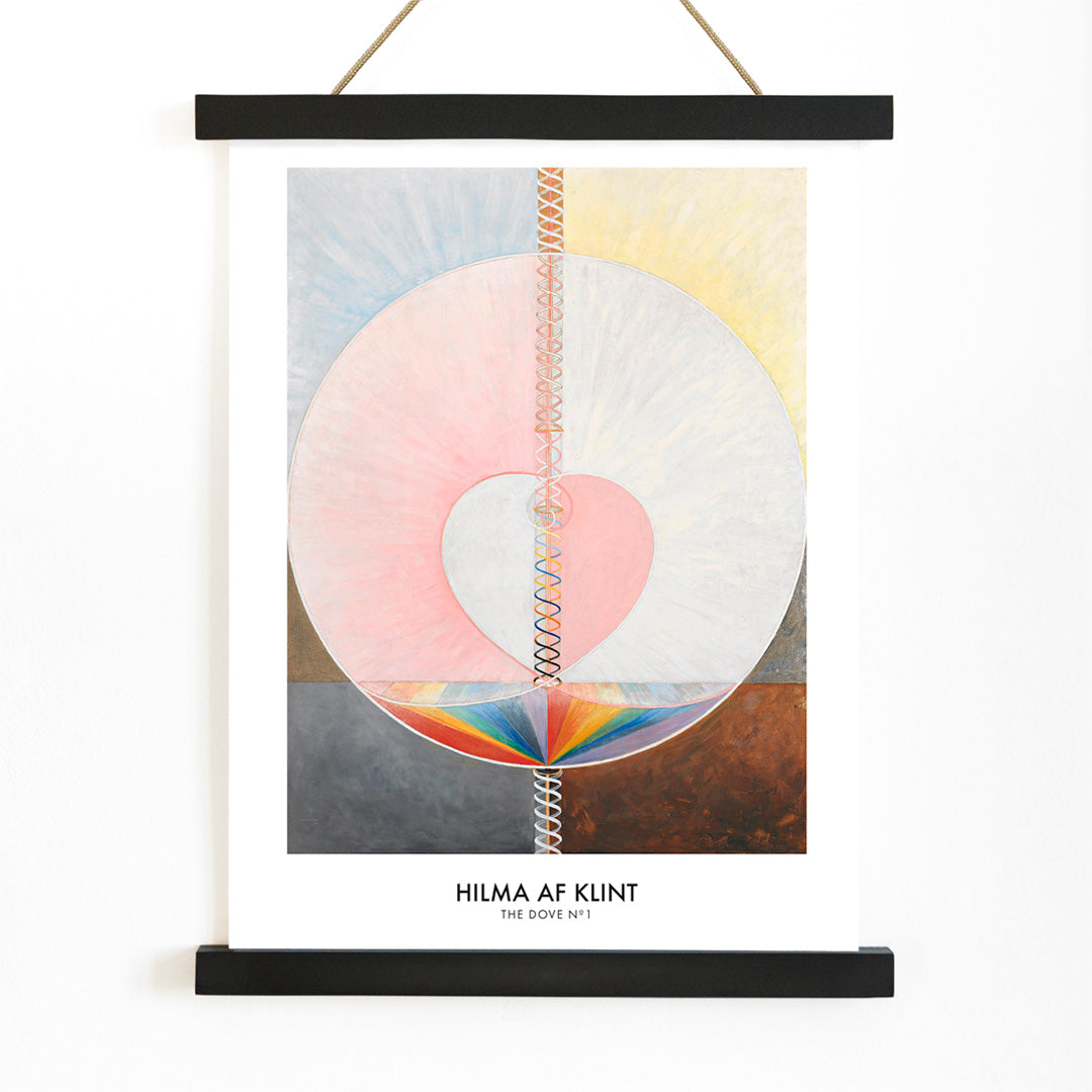 Abstract geometric spiritual art poster with pastel colors and shapes from The Dove by Hilma af Klint modern wall decor, with wooden magnetic frame on white background