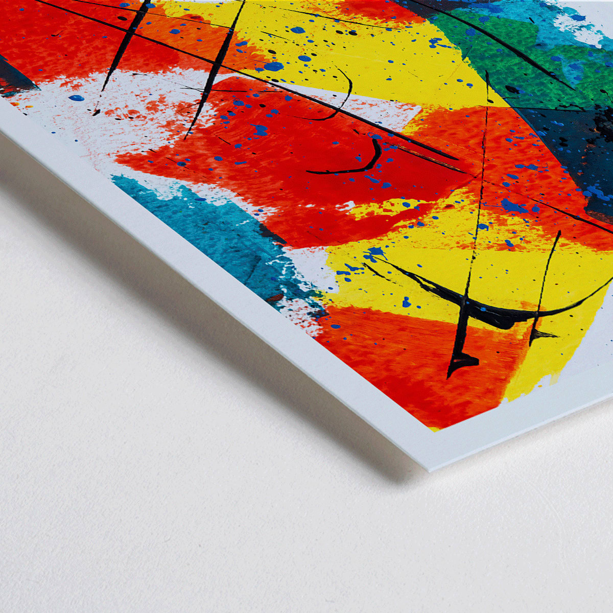 Closeup detail of Colorful abstract patchwork artwork poster with bold brush strokes splashes of red yellow and blue titled Abstract Patchwork 1 by Anonymous