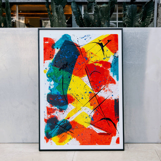 Colorful abstract patchwork artwork poster with bold brush strokes splashes of red yellow and blue titled Abstract Patchwork 1 by Anonymous, framed and displayed in home decor