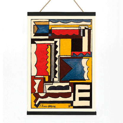 Abstract geometric painting and poster by Joaquin Torres-Garcia titled Structure with Shapes, with wooden magnetic frame on white background