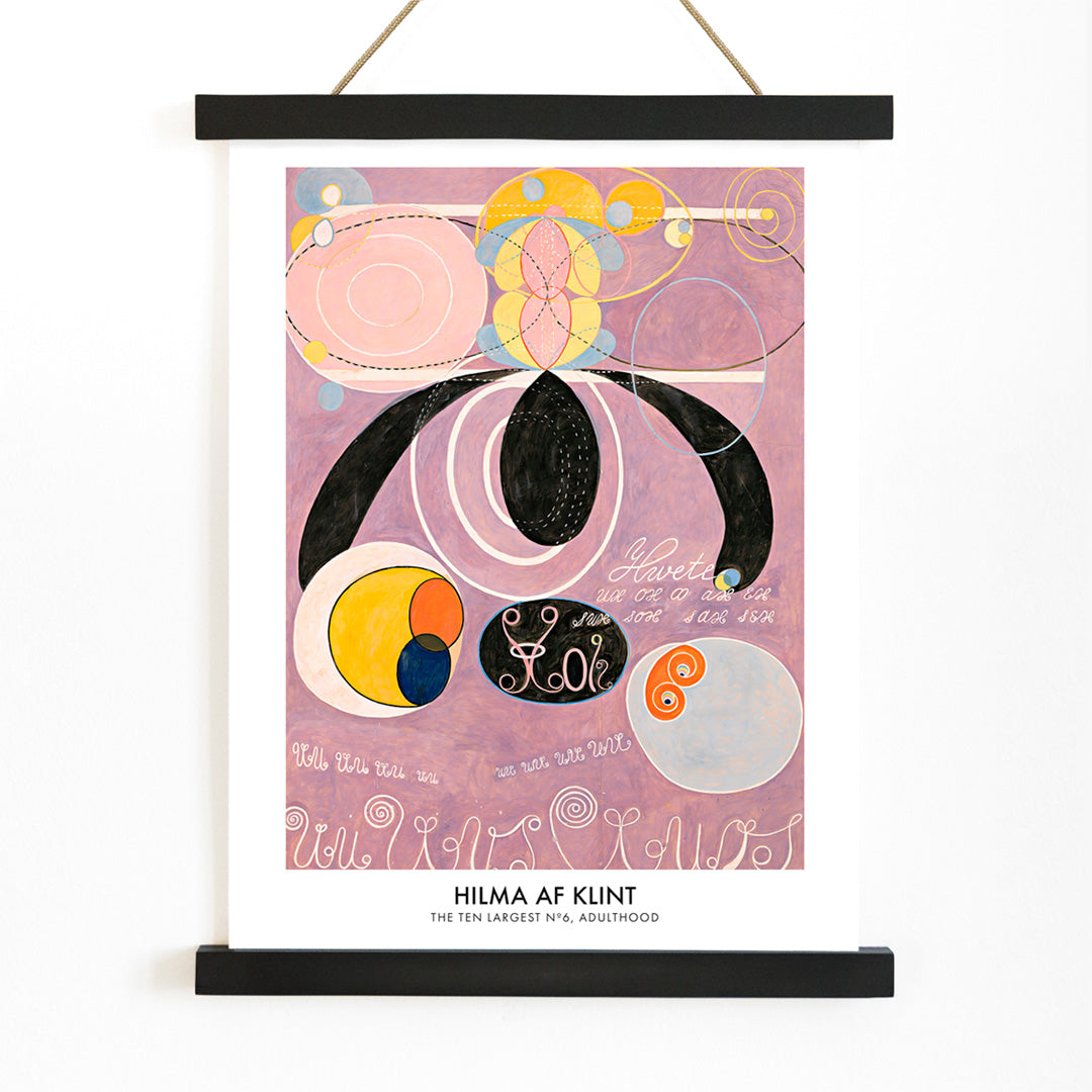 Abstract colorful pastel shapes and spirals artwork from The Ten Largest No 6 by Hilma af Klint poster, with wooden magnetic frame on white background