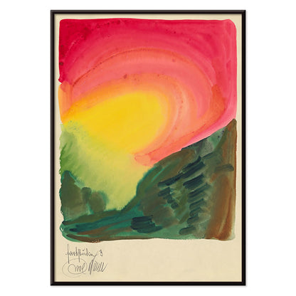 Abstract colorful landscape painting poster with vibrant red yellow and green tones abstract art Farbstudien 10 Blaetter III by Karl Wiener, with black aluminium frame on white background