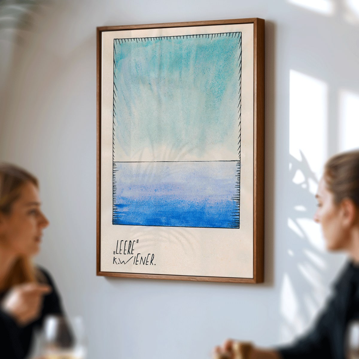 Abstract blue gradient watercolor art by Karl Wiener titled Leere minimalist poster featuring abstract shapes in blue tones modern decor, framed and displayed in modern living room decor