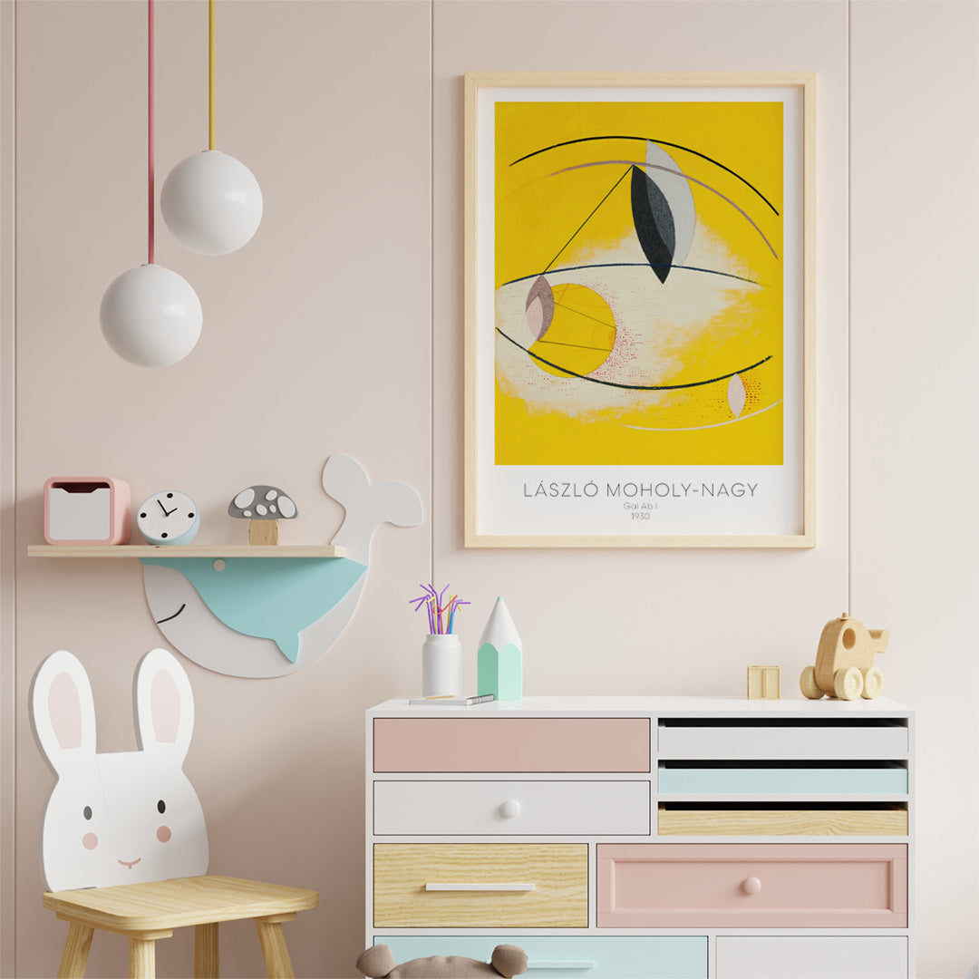 Abstract geometric yellow and white shapes with curved lines artwork Gal Ab I by Laszlo Moholy Nagy poster for wall decor, framed and displayed in home decor
